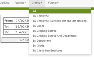 Viewing criteria dropdown menu in easyLog timesheet software